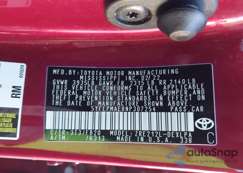 2022 Toyota Corolla Le from USA, damaged, VIN 5YFEPMAE8NP307254